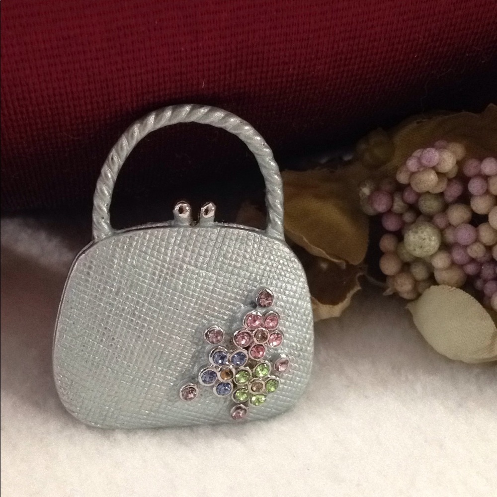 Unique Vintage Brooch Handbag Purse Pin Slate Blue 23 Colorful Jewels Flowers - Picture 2 of 8